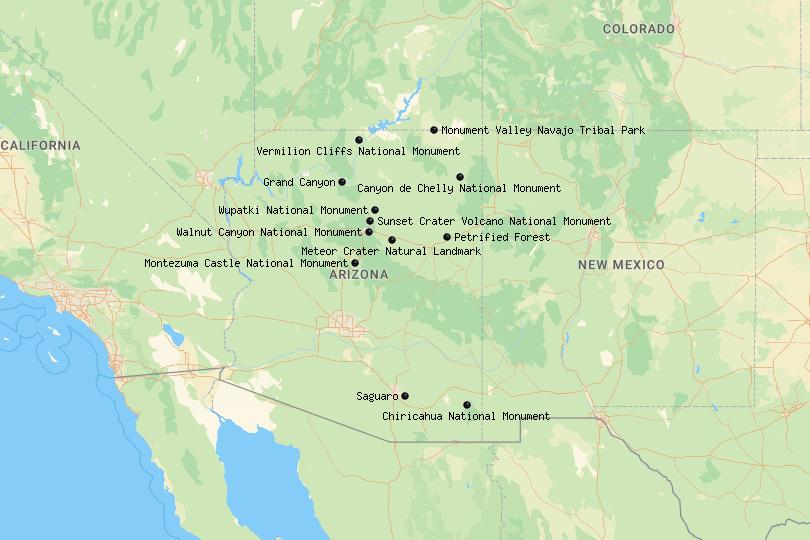 National Parks in Arizona map