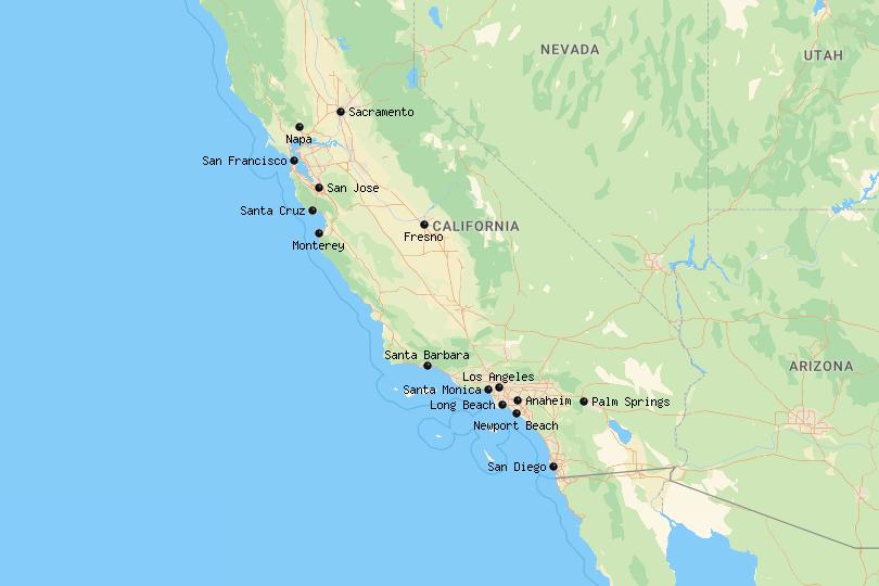 Map of cities in California